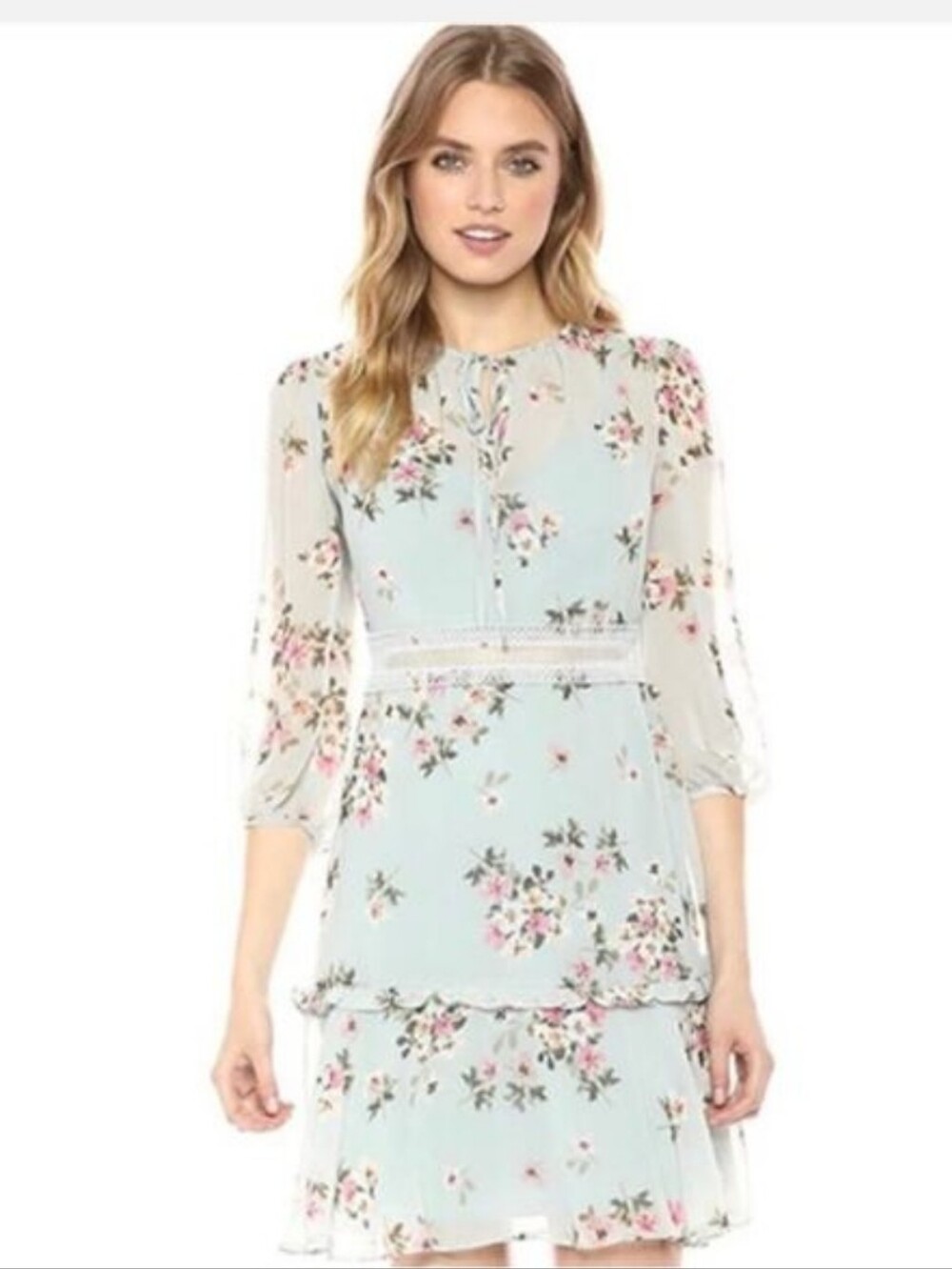 Donna Morgan Light Blue Floral Chiffon Dress with Pink Flowers